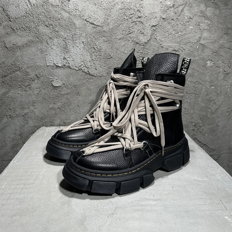 

Black sponge cake short boots with personality, crazy straps, retro thick sole, height increasing men's and women's trendy shoes