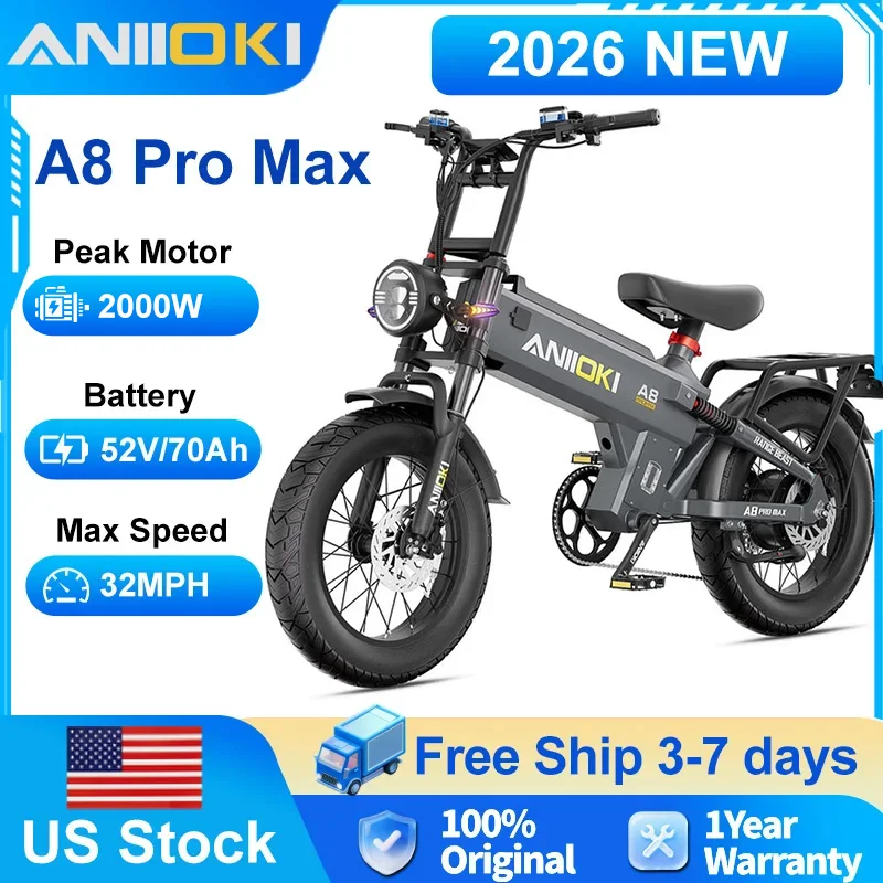 

2026 ANIIOKI A8 Pro Max Electric bike 2000W Peak Motor 52V 70Ah battery Electric Bicycle 32mph Fat Tires 20"*4" Adult Ebike