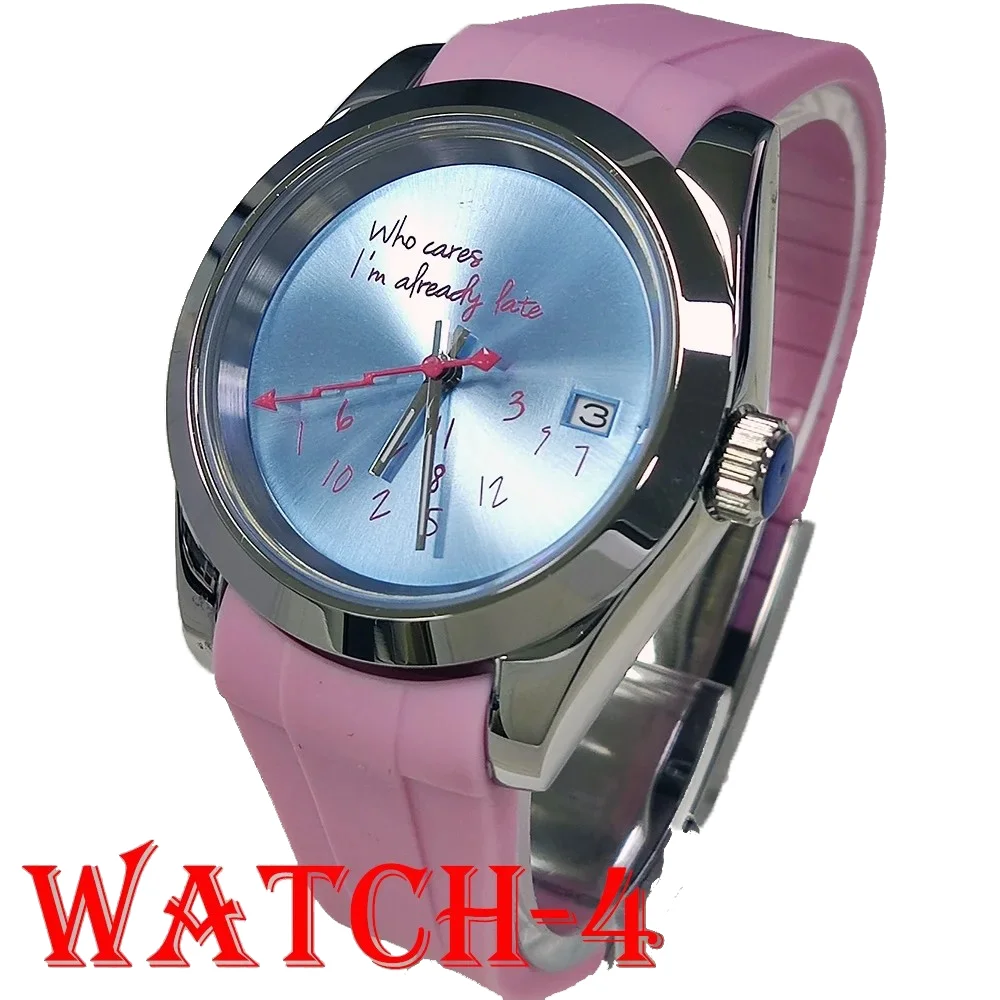 39mm man NH35 Silver Watch Who cares I'm already late sapphire crystal NH35A movement stainless steel digital dial pink hand