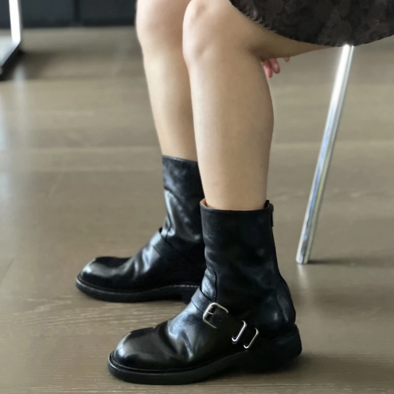 

Women's Retro Buckle Biker Boots 2026 Autumn Round Toe Back Zipper Chunky Sole Casual Western Style Short Ankle Boots For Ladies
