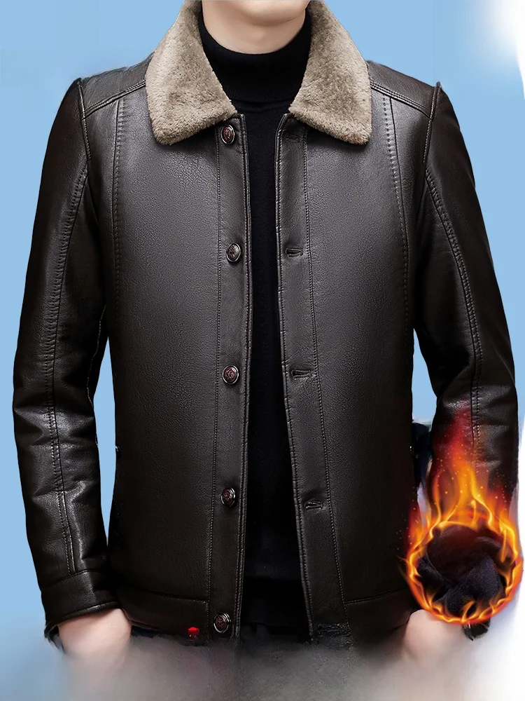 

Pierre Cardin Genuine Leather Jaet Men's Winter Thiened Fce Lined eepskin Coat Mid-aged Dad Casual Faion Ci