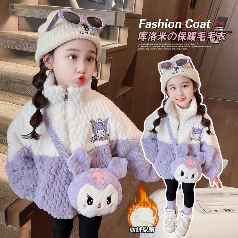 Sanrio Kuromi Girls Plush Coat Autumn Winter Kawaii Cartoon Outwear Anime Keep Warm Jacket Overcoat Children Clothing Send Bags