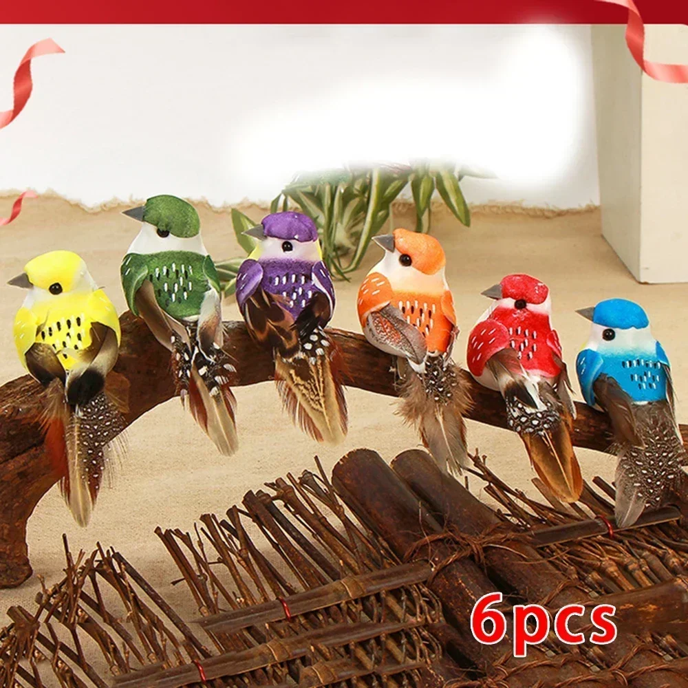 6pcs Christmas Tree Simulation Birds Perched Woodland Fake Feather Birds Garden Decoration Outdoor Garden Party Prop Decoration