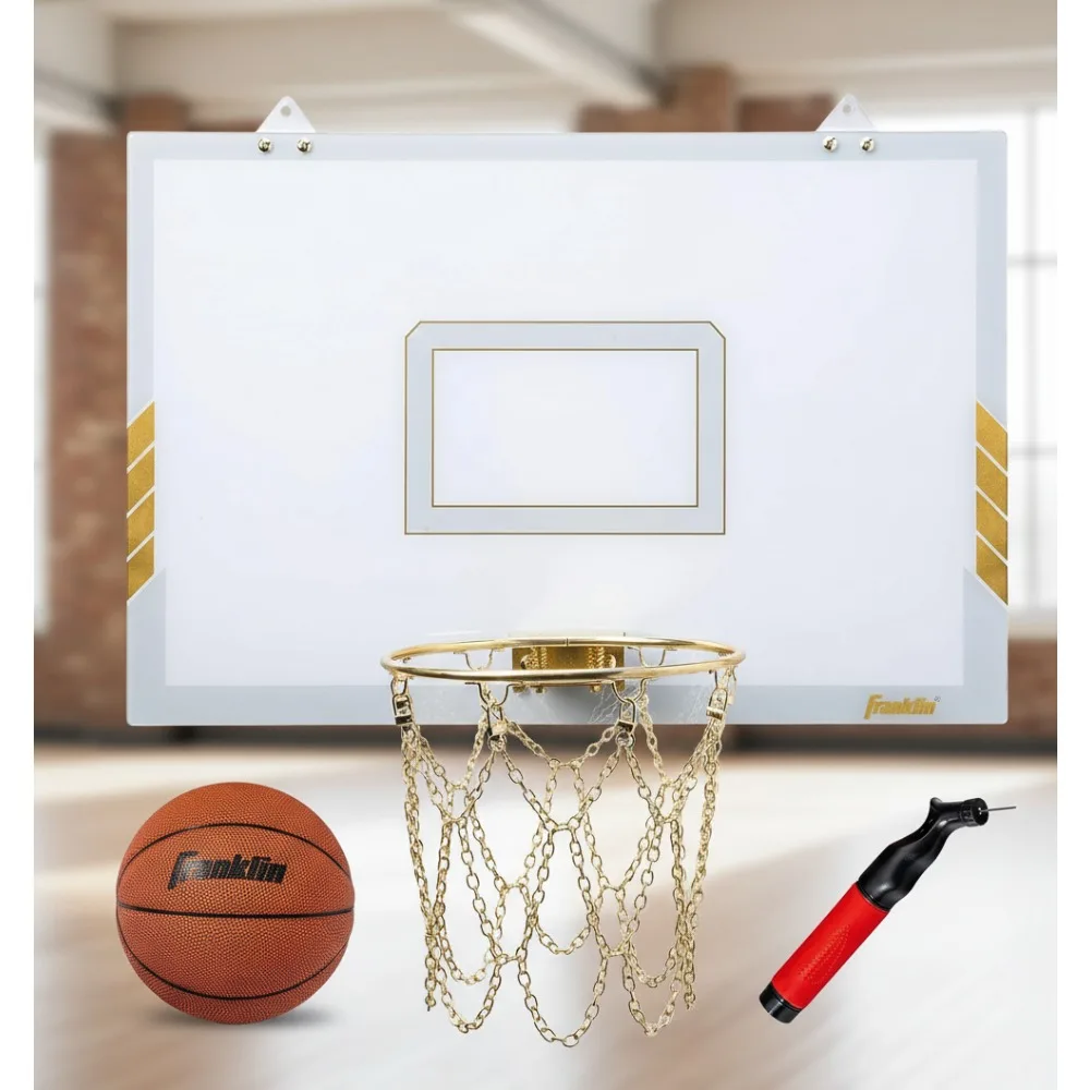 

Настенное мини-баскетбольное кольцо премиум-класса с золотым хромом и мячом и насосом — идеальный игровой набор для спальни для детей и подростков