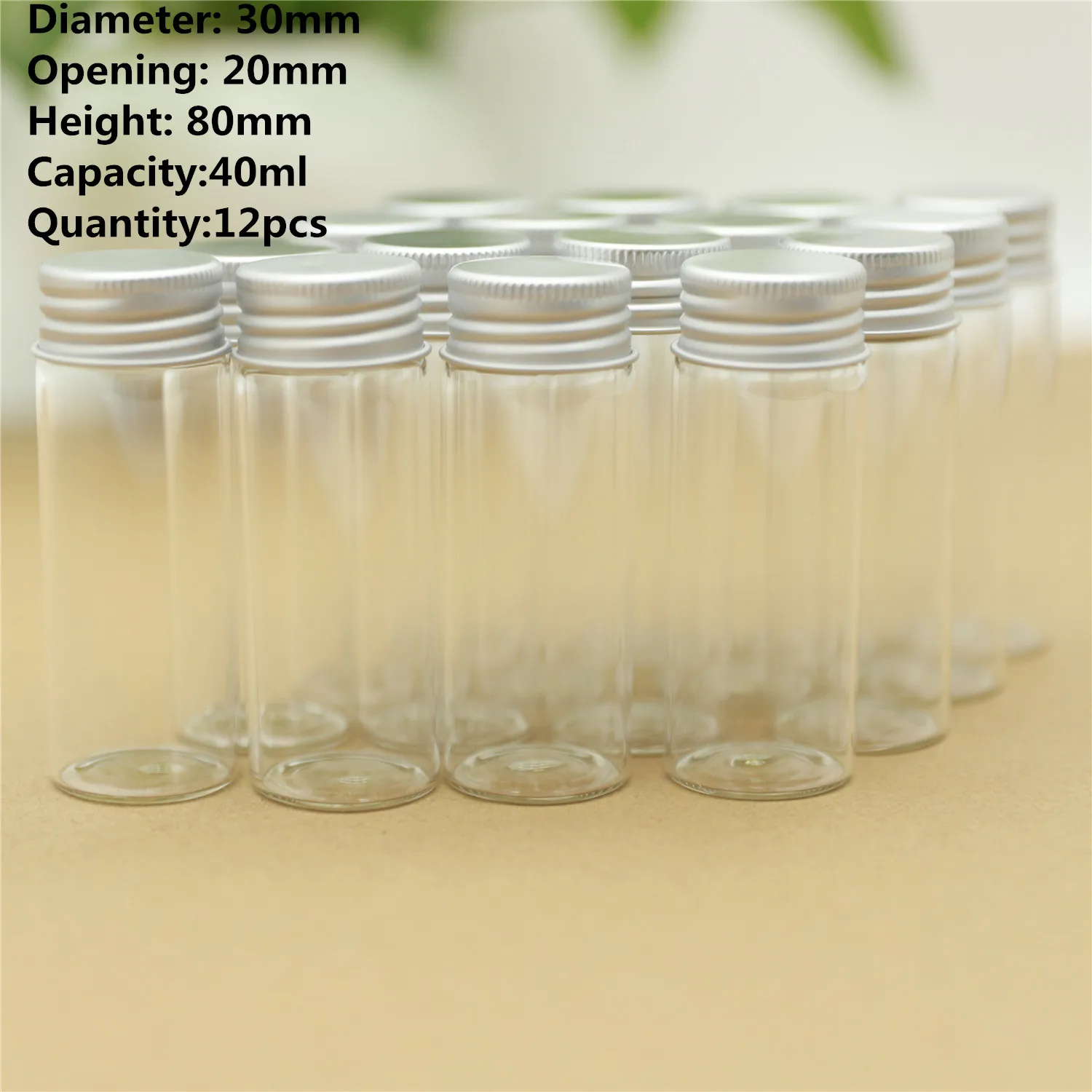 12 pcs/lot 20*30*80mm 40ml Small Glass Bottle Aluminum Caps Tiny Glass Jars Vial Transparent Glass Decoration Bottles