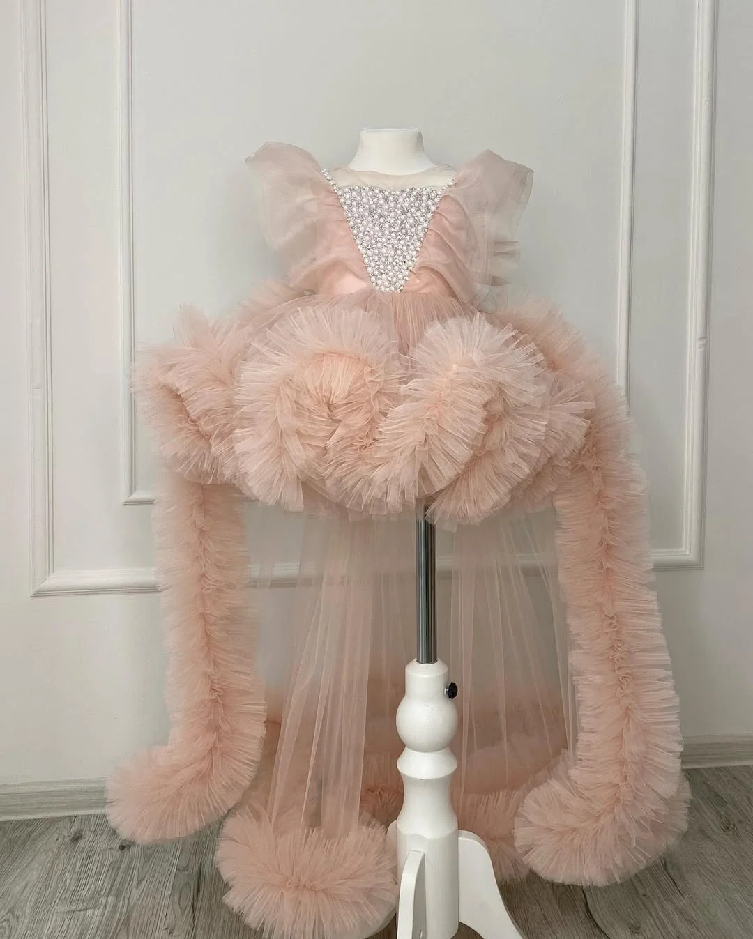 Princess Flower Girl Dress for Wedding  Beading with Train Tulle Knee Lenght Infant Baptism Gowns First Communion Gowns Custom