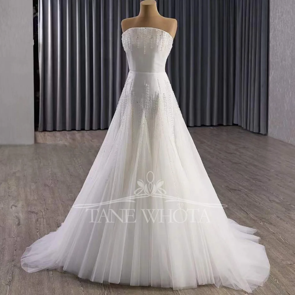 Customizable Bruiloftsjurk Strapless Sleeveless Lace Up Back Beading A Line Wedding Dress For Brides