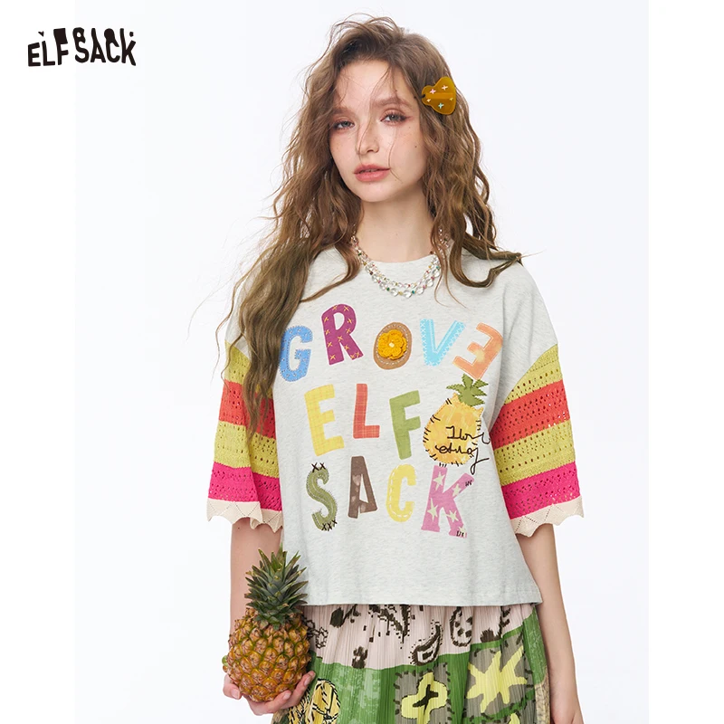 ELFSACK Women's Cropped Flare Sleeve Tee with Colorful Letter Pineapple Print, Fringe Trim Patchwork Cuff T-shirt for Summer