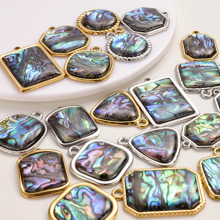 3 Stück PVD-Anhänger aus echtem Abalone-Muschel-Edelstahl, rechteckig, rund, dreieckig, für die Schmuckherstellung, Halskette, Schlüsselanhänger – Detail 2