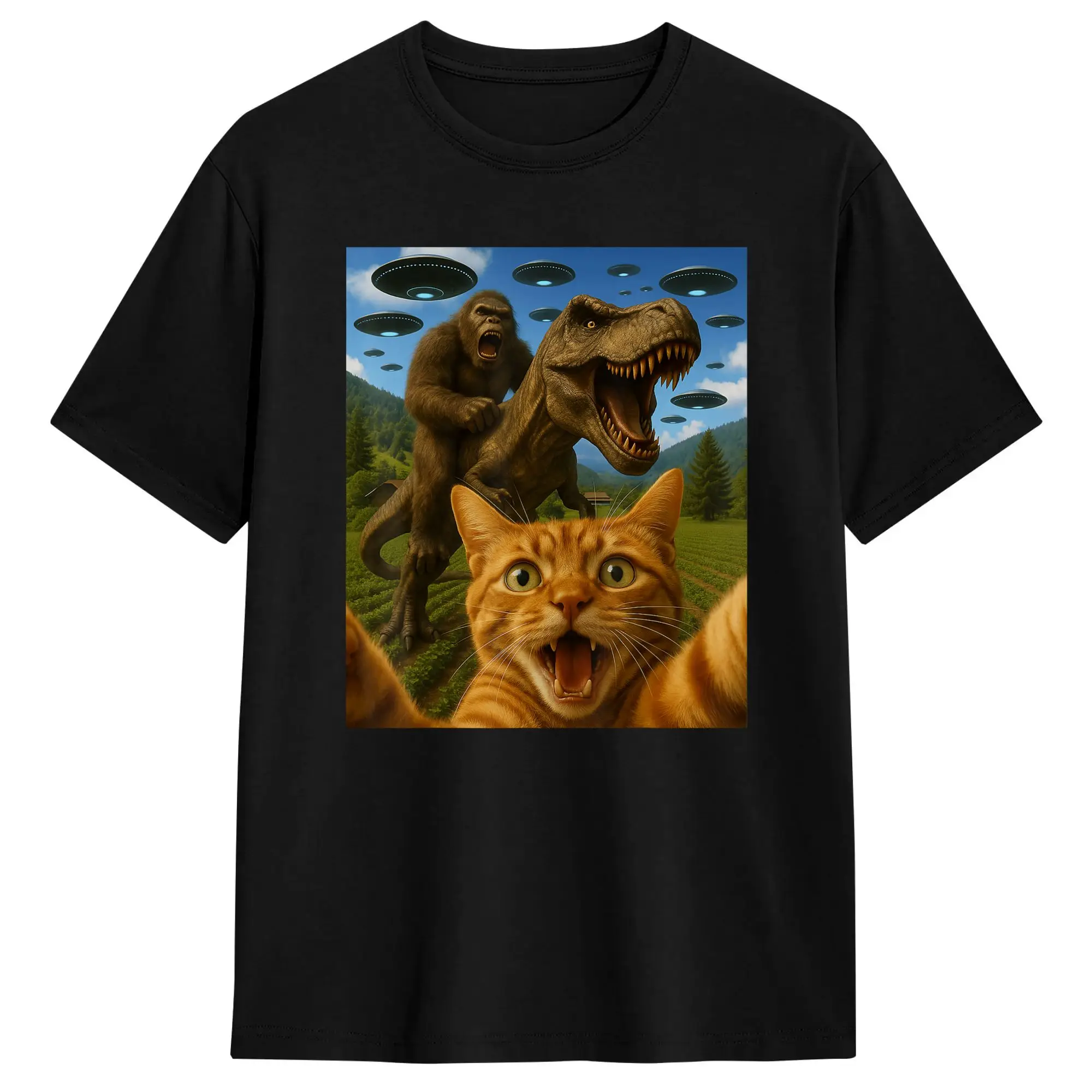 Funny Graphic Cat Selfie With Bigfoot Riding T Rex Dinosaur Cotton T Shirt For Men Beach  Funny T-Shirts Tee Shirt Loose Clothes