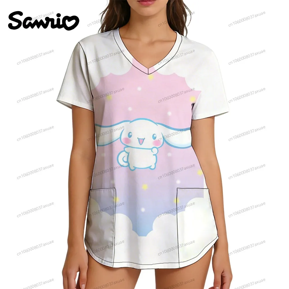 

Cinnamoroll Y2k Clothes Women's T-shirt Summer Women's Clothing Nurse Uniform V Neck T Shirt Sanrio Anime Clinical Uniform Woman