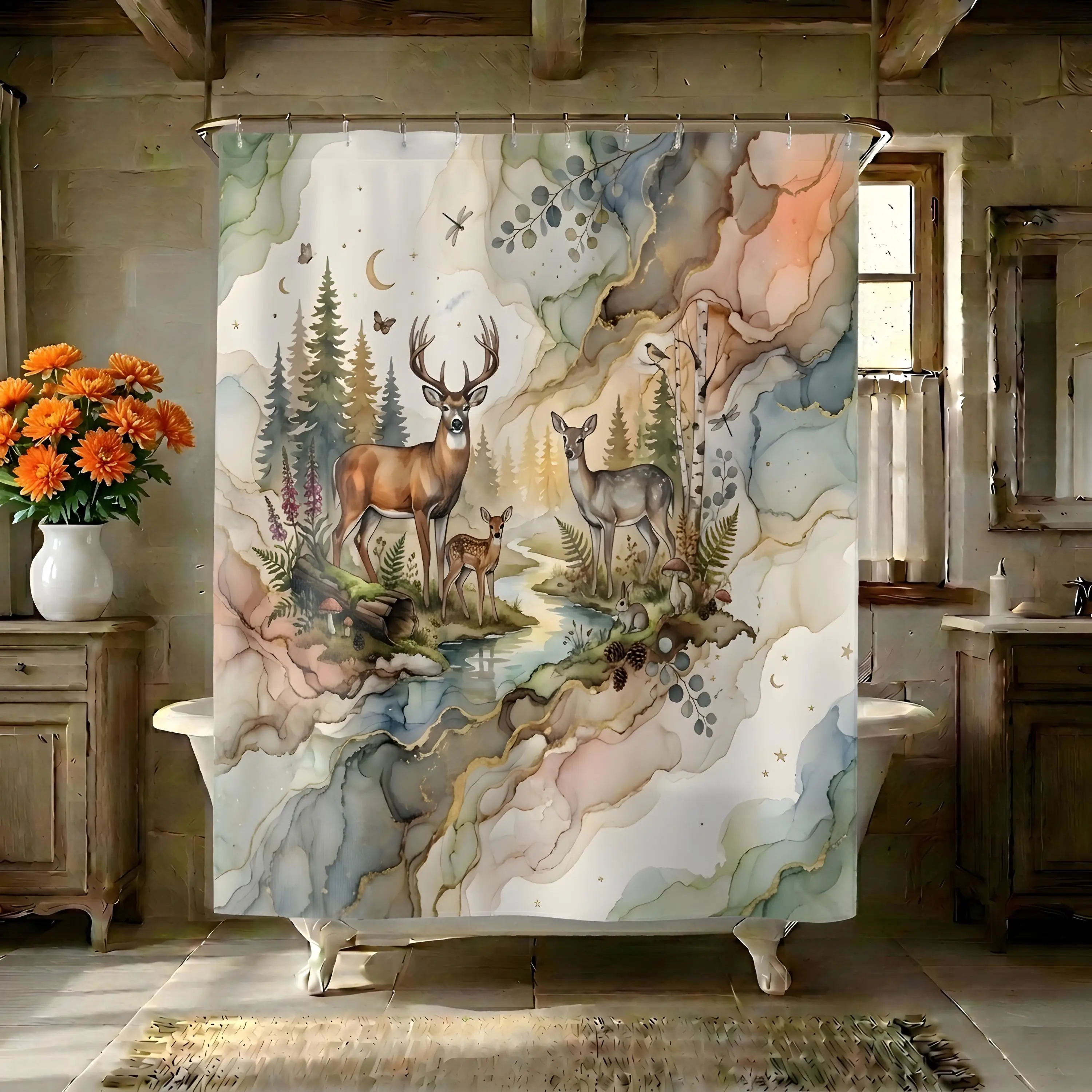 Boho Woodland Deer Forest Shower Curtain Watercolor Animals Bathroom Decor Rustic Nature Shower Curtain