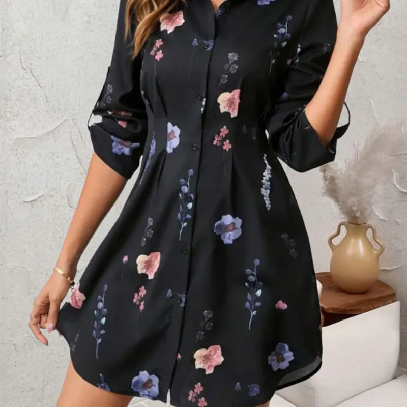 Fashionable and elegant ladies printed lapel button-down shirt dress, simple temperament, all-match commuter loose long skirt