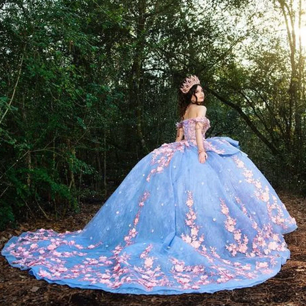 فساتين Quinceanera للحلو 15 سنة مثير قبالة الكتف مع يلتف منتفخ الكرة ثوب الدانتيل يزين فساتين الأميرة