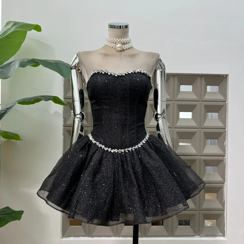 

Fine Glitter Starry Sky Glitter Diamond Fishbone Waist Cincher Strapless Ballet Dress with Matching Shorts Sweet New