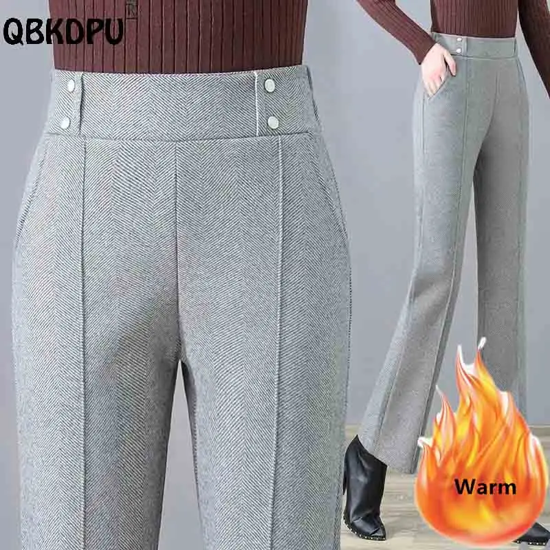 

Office Lady Slim Winter Woolen Pants Women Elegant Thicken Flare Spodnie Plus Velvet Design Elastic High Waist Pantalones Capris