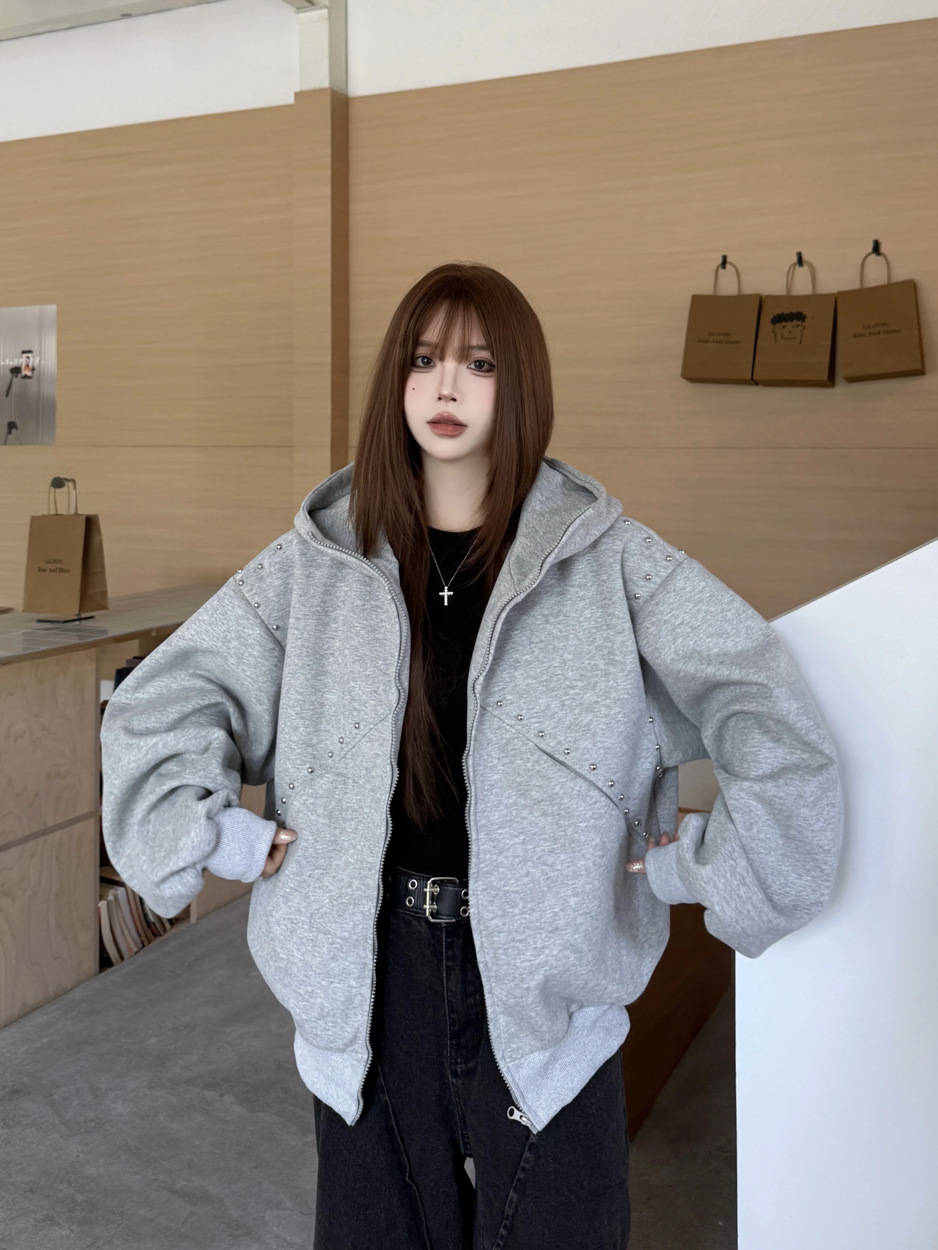Autumn American Vintage Street Style Hoodie Coat Women's Loose Fit Rivet Designed Y2K 2000s Hoodie Jacket Casual Couple Outfit
