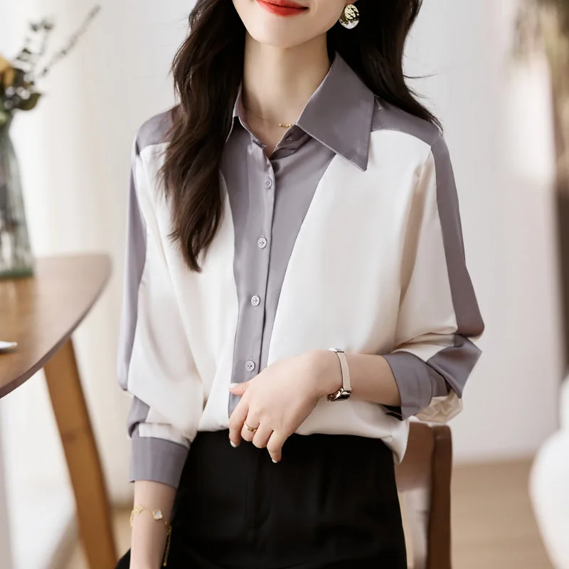 Women Clothing Spring Tops New Long Sleeve Patchwork Chiffon Shirts Chic Contrast Office Korean Fashion Casual Blouse Female