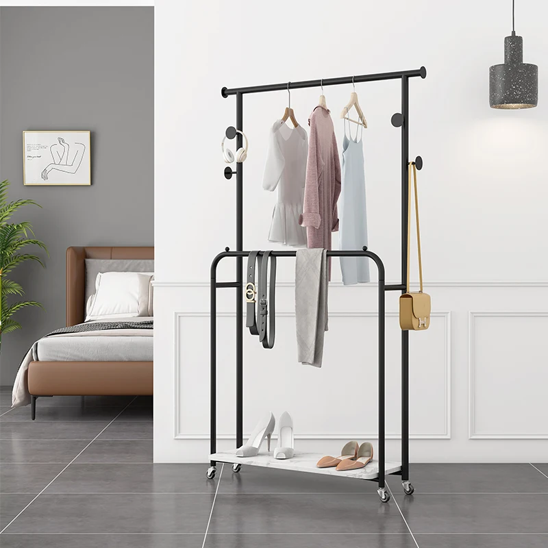 Luxurious and simple bedroom multifunctional floor-mounted clothes rack with wheels Nordic ins marble living room coat rack