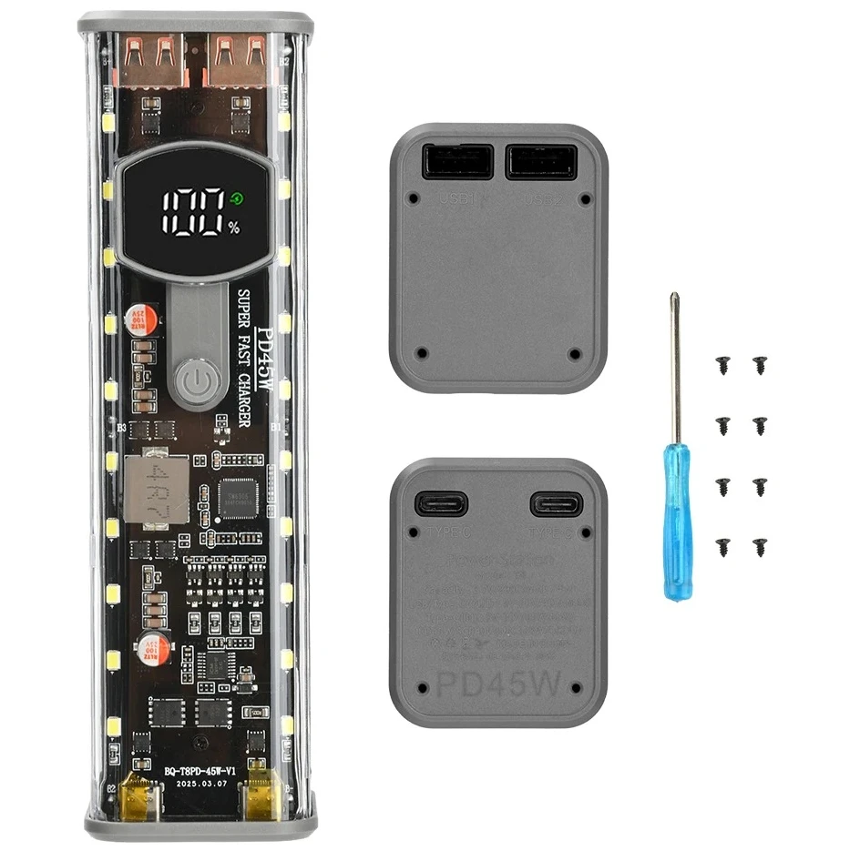 

PD 45W ultra fast charging transparent rechargeable mobile power box kit with LED lights, no soldering, 8 18650 battery holders