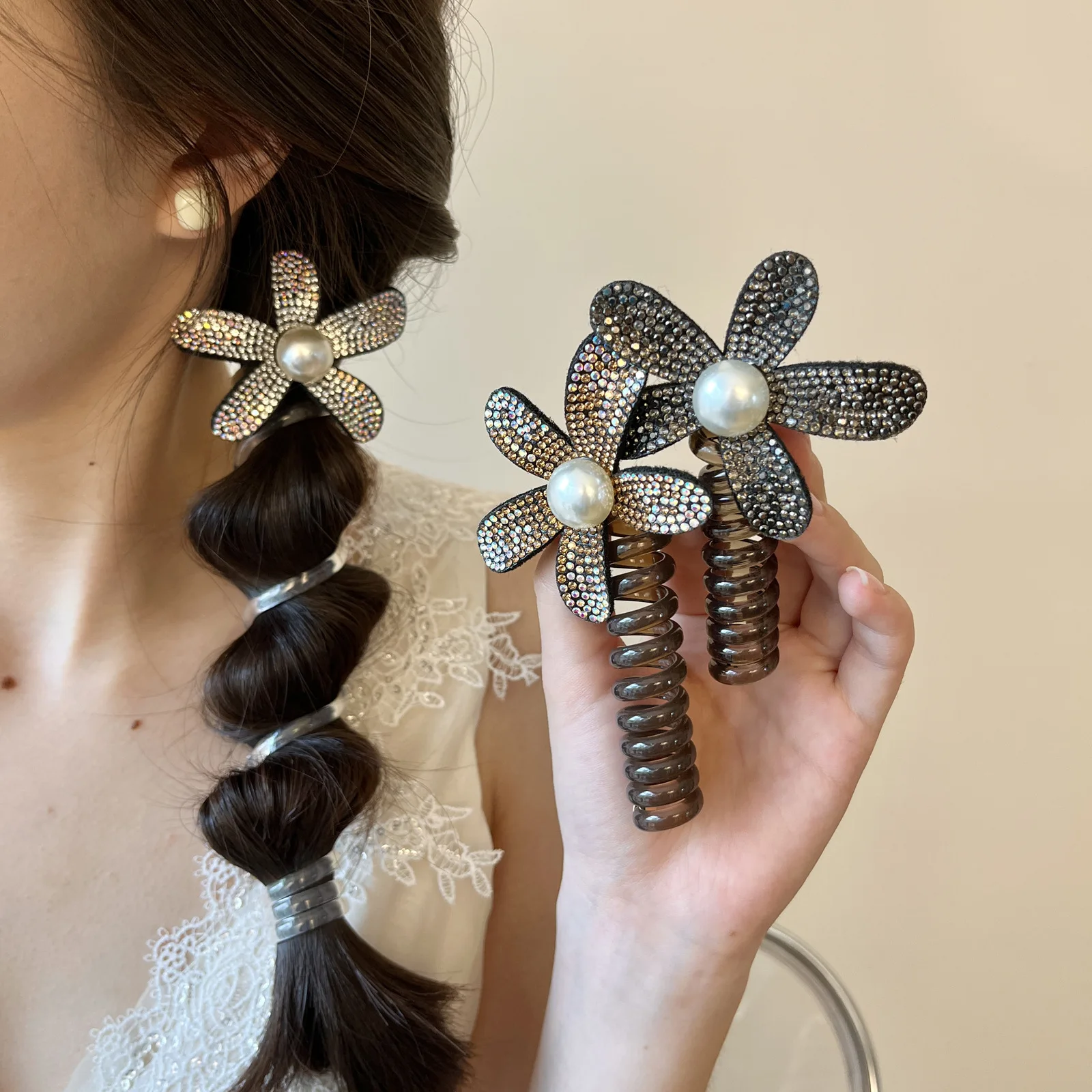 Rhinestone Pearl Flower Phone Line Hairbands Sparkling Floral Ponytail Hair Rope Elastic Rubber Bands Sweet Temperament Headwear