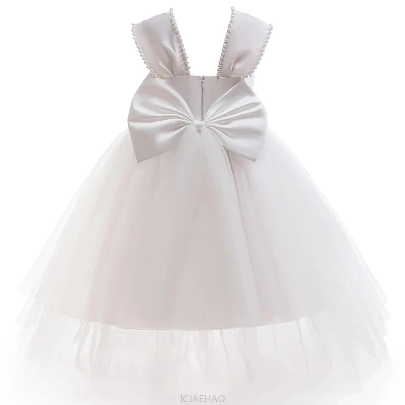 

Princess Dress White Pearl Sleeveless Tutu Gown Kids Wedding Flower Girl Dresses Costume Children Dresses Long Princess Outfits