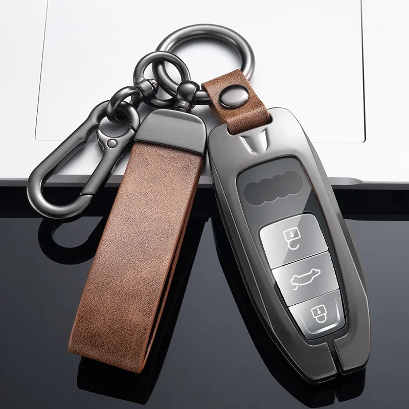 

New Metal Leather Car Key Cover Case For Audi A6 A6L A7 A8 Q8 E-tron C8 D5 2018 2019 2020 Auto Key Holder Shell Accessories