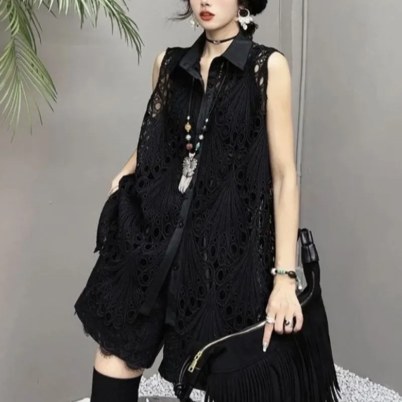 Spring Autumn Turn-down Collar Women's Clothing Sleeveless Commute Single-breasted Shirt Korean Loose Stylish Hollow Out Blouse
