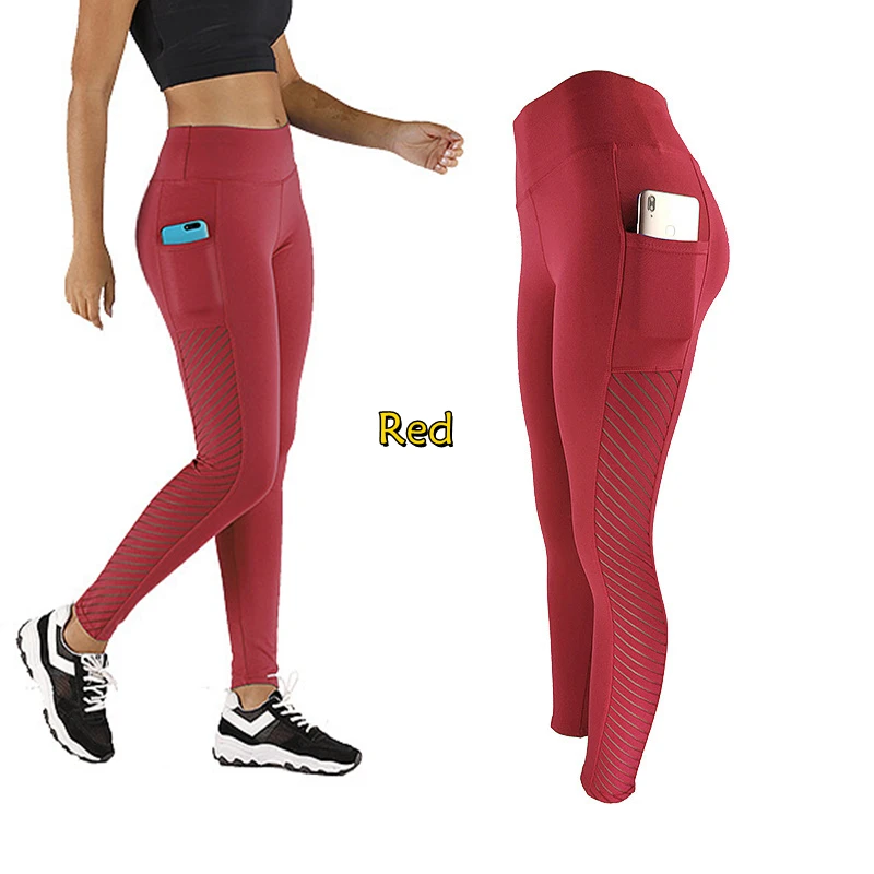 Fashion Women High Waist Mesh Splice Leggings with Pockets Skinny Pants Comfy Stretchy Trousers Breathable for Sport Yoga Fitnes