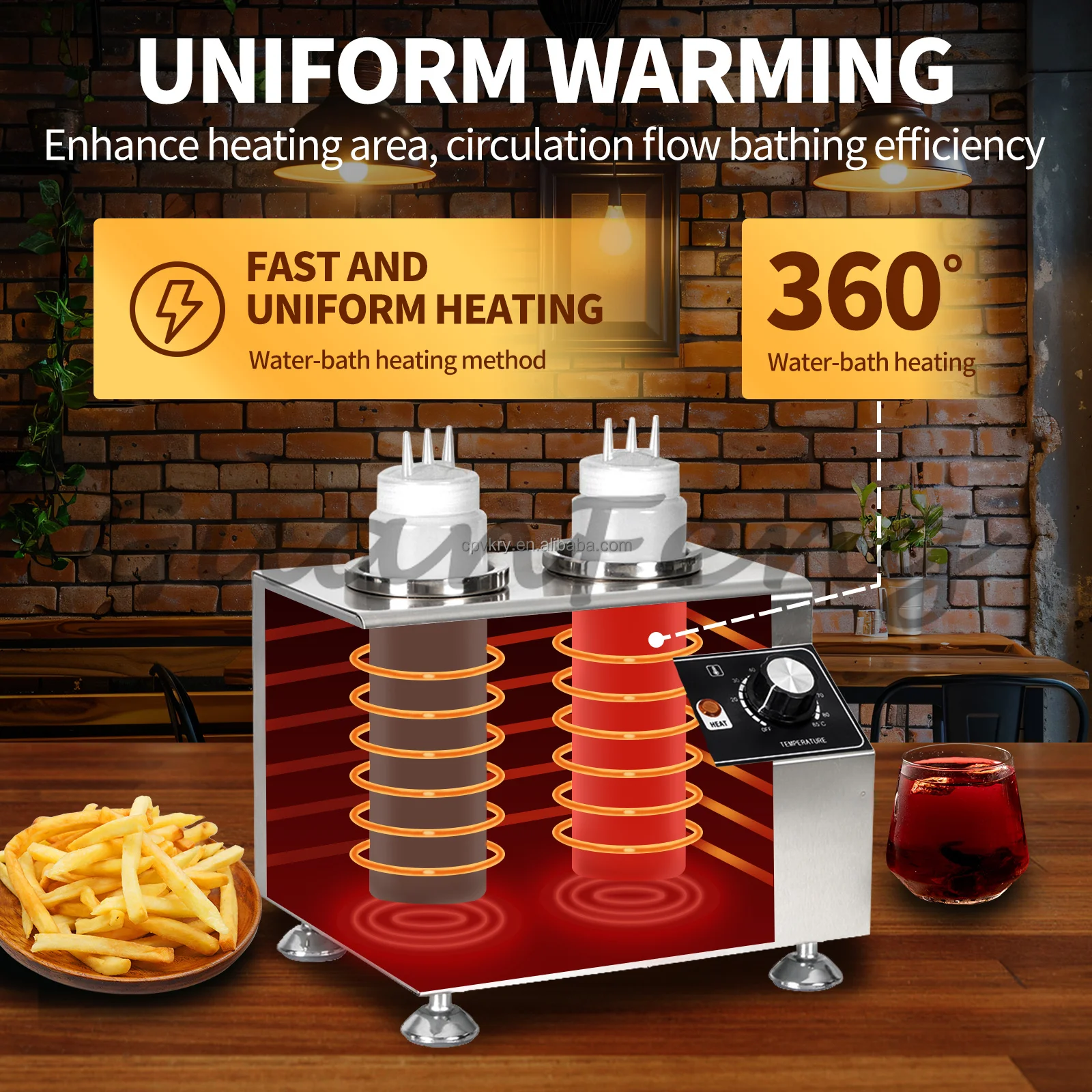 110/220V Commercial 2‑Bottle Stainless Steel Sauce Warmer Pump Dispenser for Cheese Chocolate Fruit Sauce Corn Flakes Topping