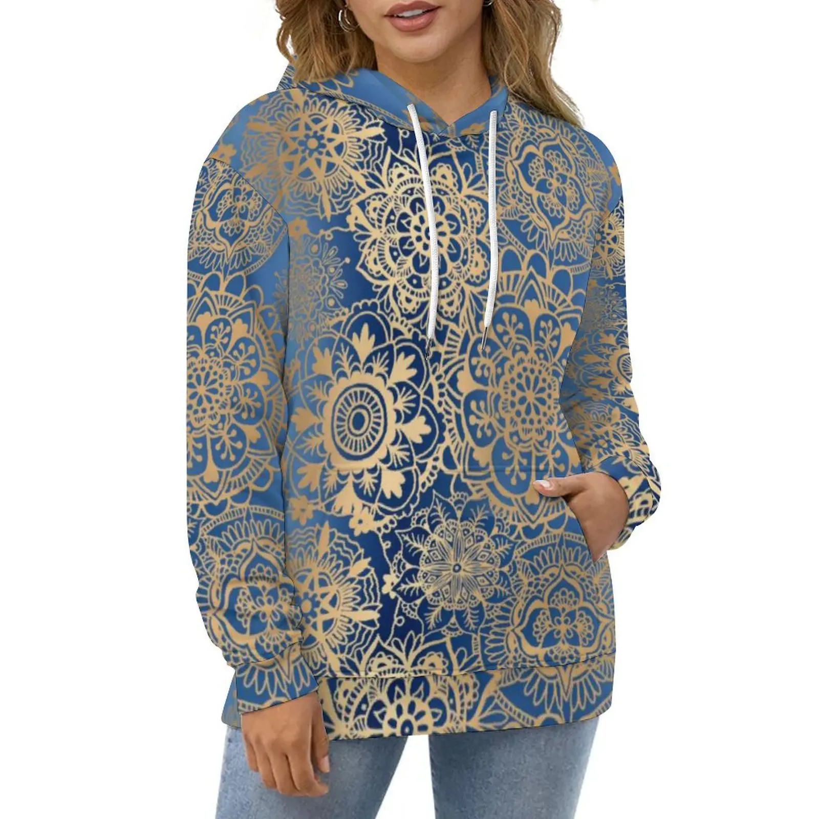 Vintage Metallic Print Hoodies Long Sleeve Gold Mandala Casual Pullover Hoodie Autumn Hip Hop Design Loose Hooded Sweatshirts