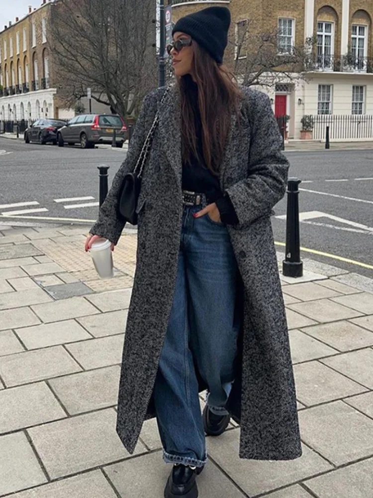 Women Herringbone Wool Tweed Overcoat Fashion Long-Sleeved Turn-down Collar Coat 2024 Double Breasted High Street Outerwears