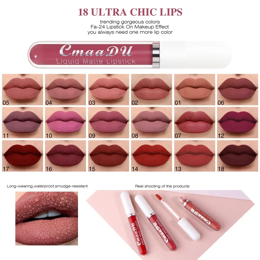 Sexy Velvet Matte Lip Gloss Liquid Lipstick Red Nonstick Cup Waterproof Lip Gloss  Long Lasting Lip Makeup Women Beauty 18 Color