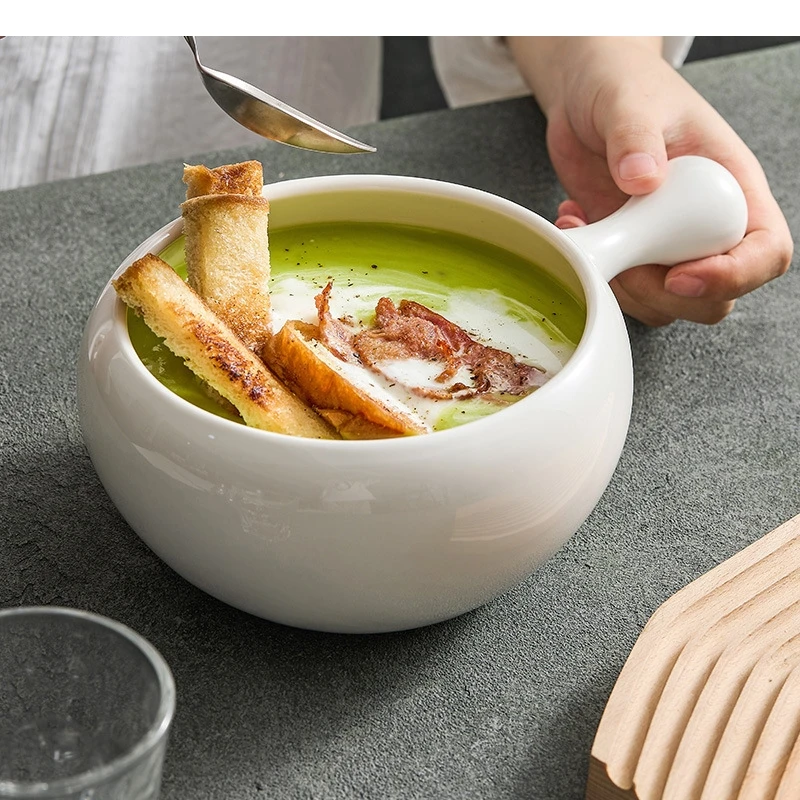 

White Handle Bowl Large Capacity Breakfast Oatmeal Salad Hotel Restaurant Lamian Noodles Household Ceramic Tableware