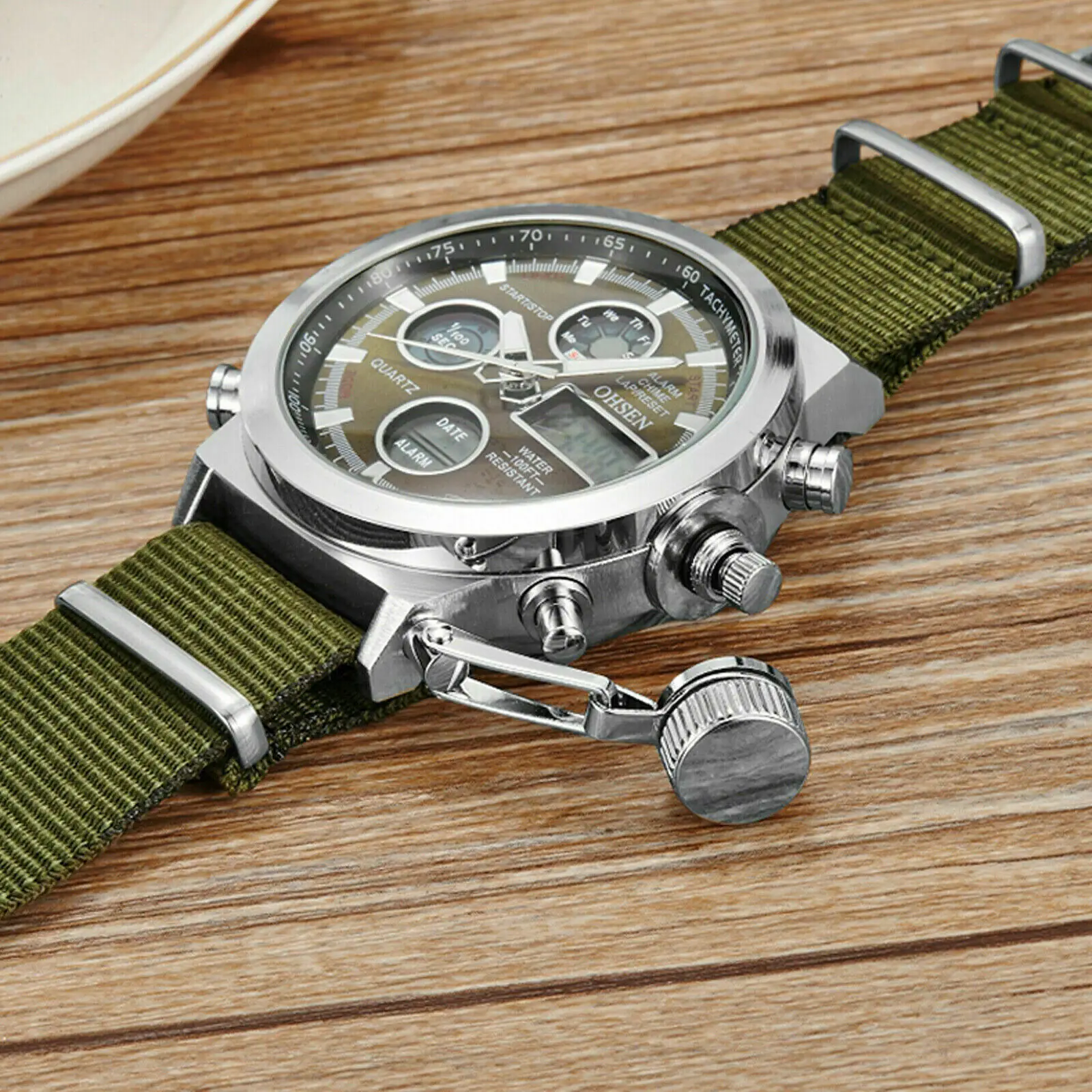 Men Military Wrist Watch Army Green Analog Digital Quartz Nylon Canvas Green Strap Watch