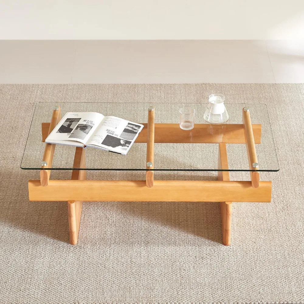 

Glass Coffee Table for Living Room,100% Solid Wood Coffee Table with Rectangular Tempered Glass Top,Mid Century Modern Cof