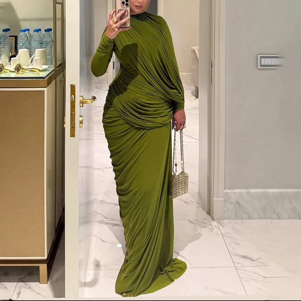 فستان سهرة إسلامي أخضر أنيق مخصص برقبة عالية وأكمام طويلة مطوي حورية البحر طول الأرض فساتين الحفلات الرسمية 2025