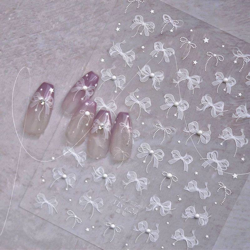 5D White Lace Bow Nail Art Stickers Pearl Rhinestones Nail Decoration Adhesive Decals Slider DIY Accessory