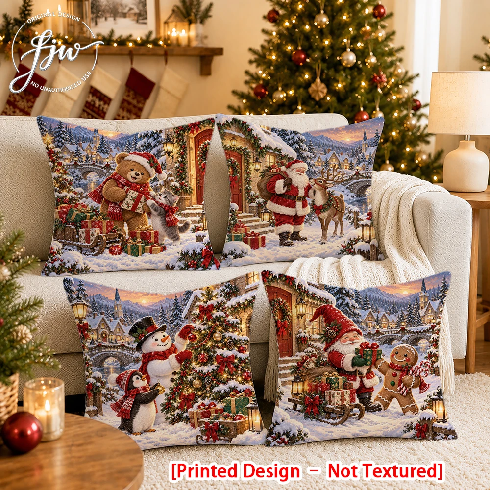 2/4pc Christmas Throw Pillow Covers Winter Holiday Cute Santa Snowman Deer Bear Decorative Cushion Cases for Home Sofa Couch