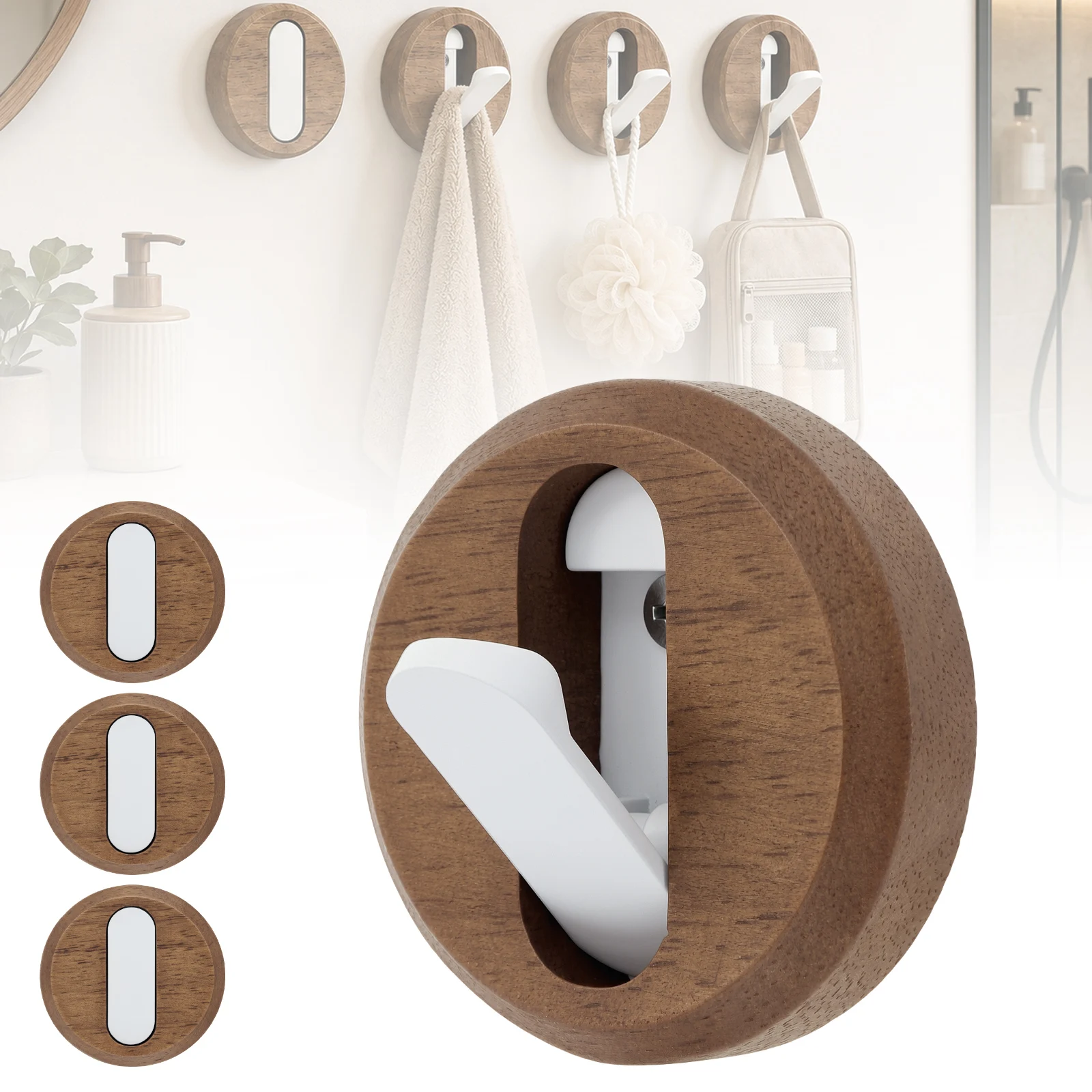 4 pcs 2.36 inch x 2.36 inch Rustic Walnut Wood Coat Hooks for Hanging Coat / Hat / Bags / Backpack with Invisible Hooks
