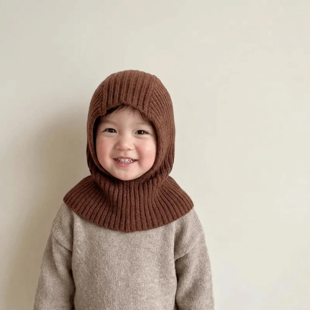 Simple Solid Color Scarf Integrated Hat Wool Knitted Children Hooded Hat Windproof Warm Balaclava Hat Children