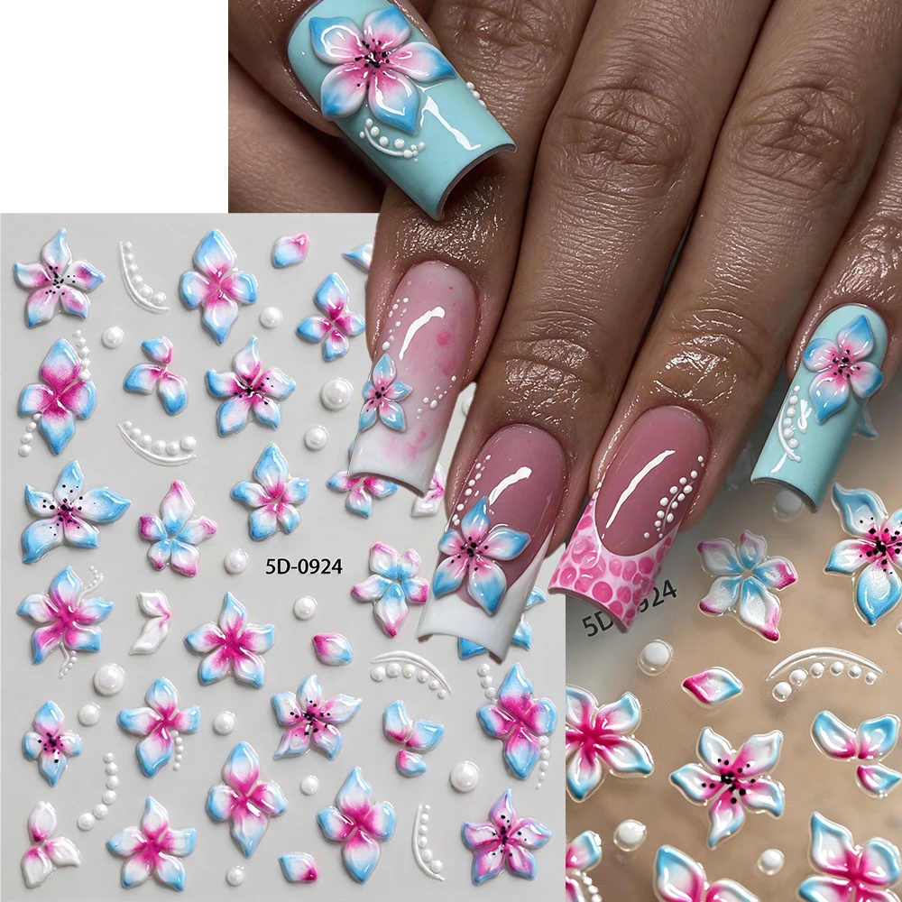 5D Embossed Flower Nail Stickers Pink White Blue Gradient Lily Floral Half-Round Pearl Nail Decals Self-adhesive Manicure Slider