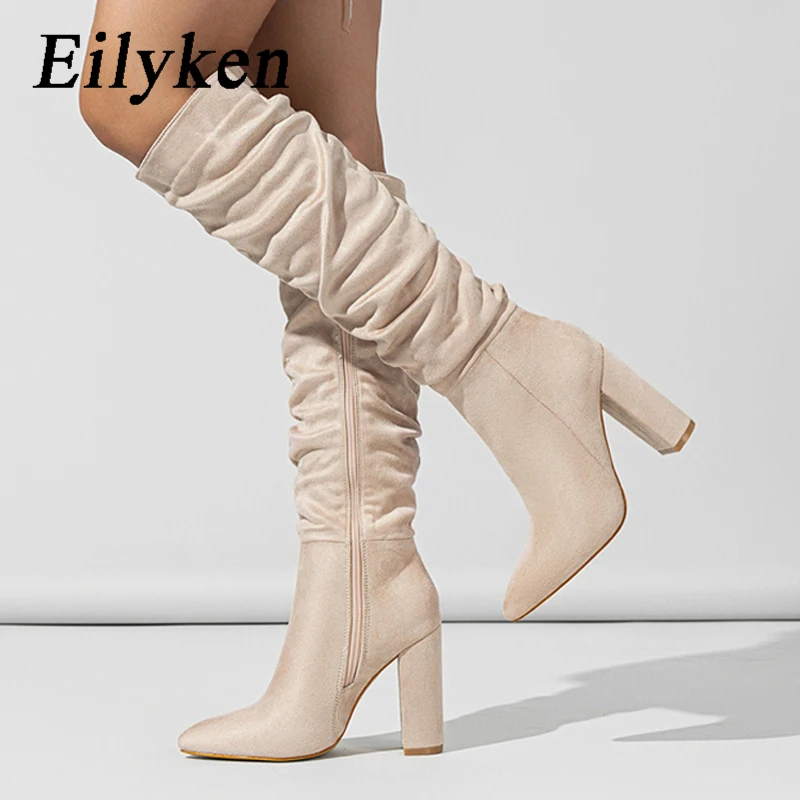 Eilyken Street Style Pleated Pointed Toe Zip Thigh High Boots Female Square Heel Design Over The Knee Women\'s Shoes