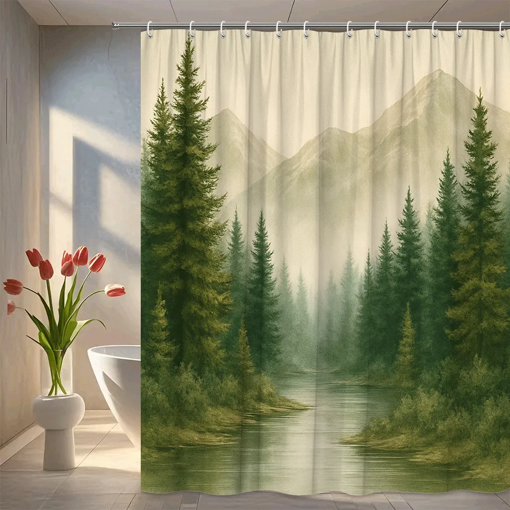 

Mountain Forest Shower Curtain Pine Trees and Lake View Nature Landscape Design Tranquil Bathroom Decor Waterproof non-toxic