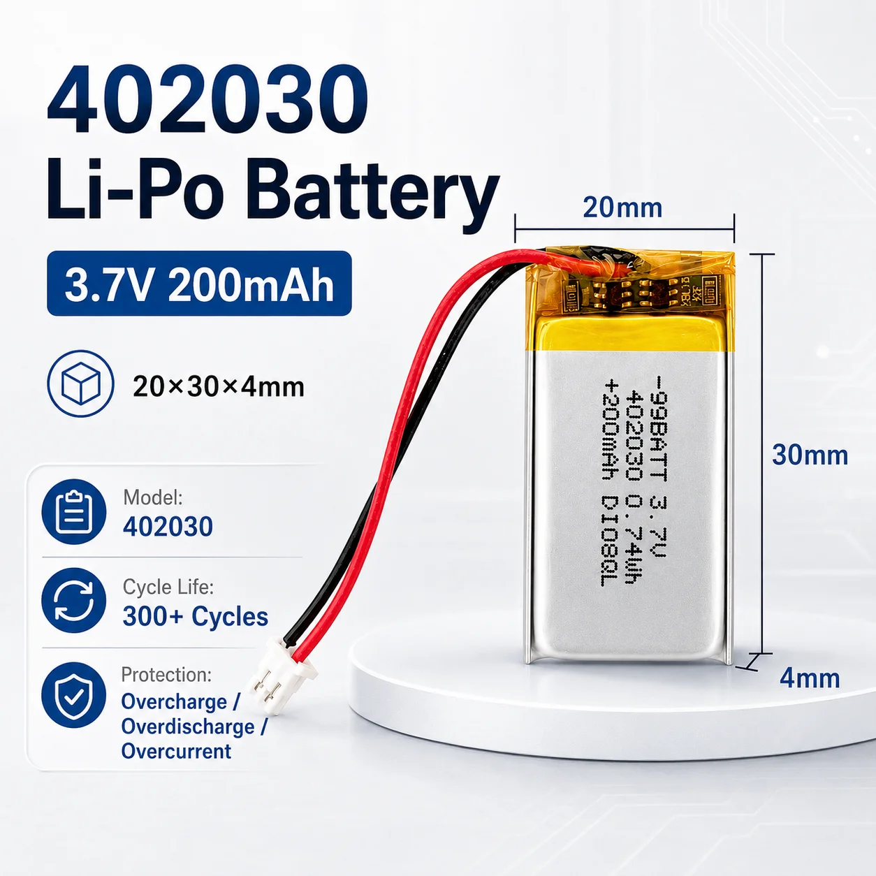 

402030 042030 502030 3.7V 200mAh Li-Polymer Battery Cell for Bluetooth Headset Wireless Mouse Smart Wearable Device