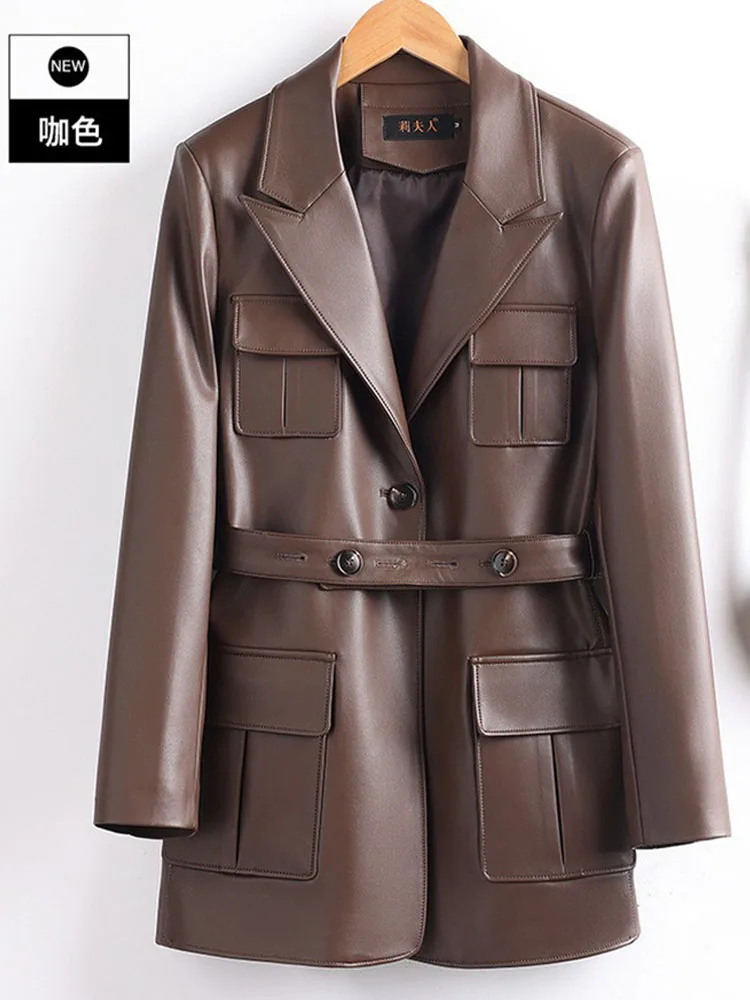 Medium to long length suit collar casual leather jacket Spring and Autumn new style women slimming retro windbreaker jacket