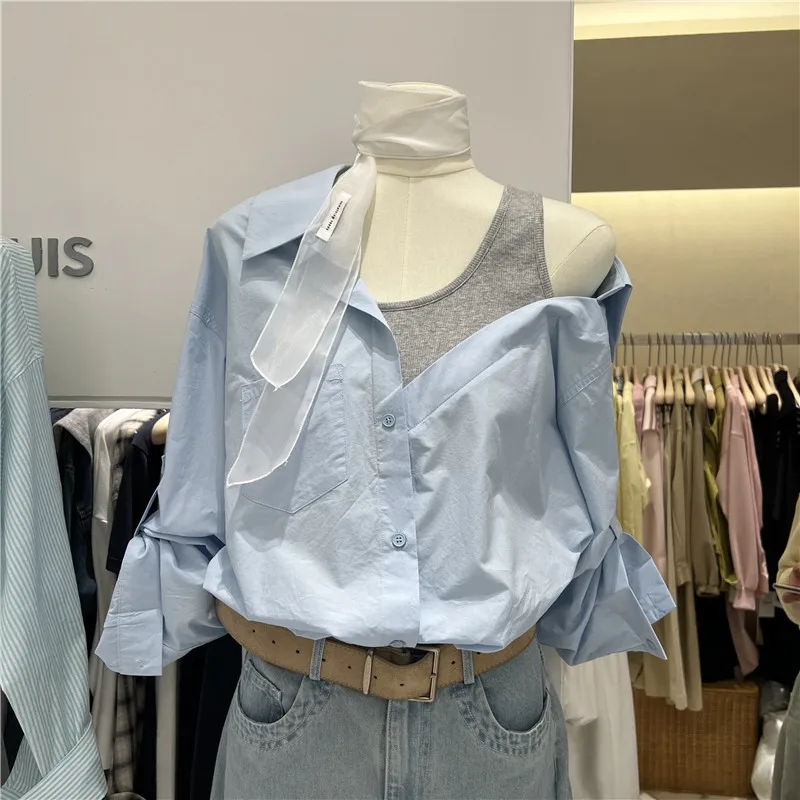 

Spring Dongdaemun Korean Sle oulder Bared Color Blo Design Women's irt Loose Fit Long Sve Collar Pure Color