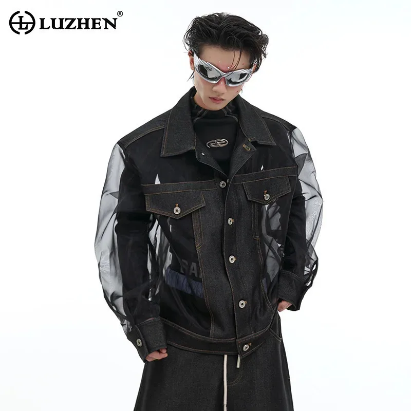 LUZHEN Mesh Hollow Perspective Design Jacket Loose Denim Patchwork High-end Punk Street Personalized Fashion Coats Male LZ5190