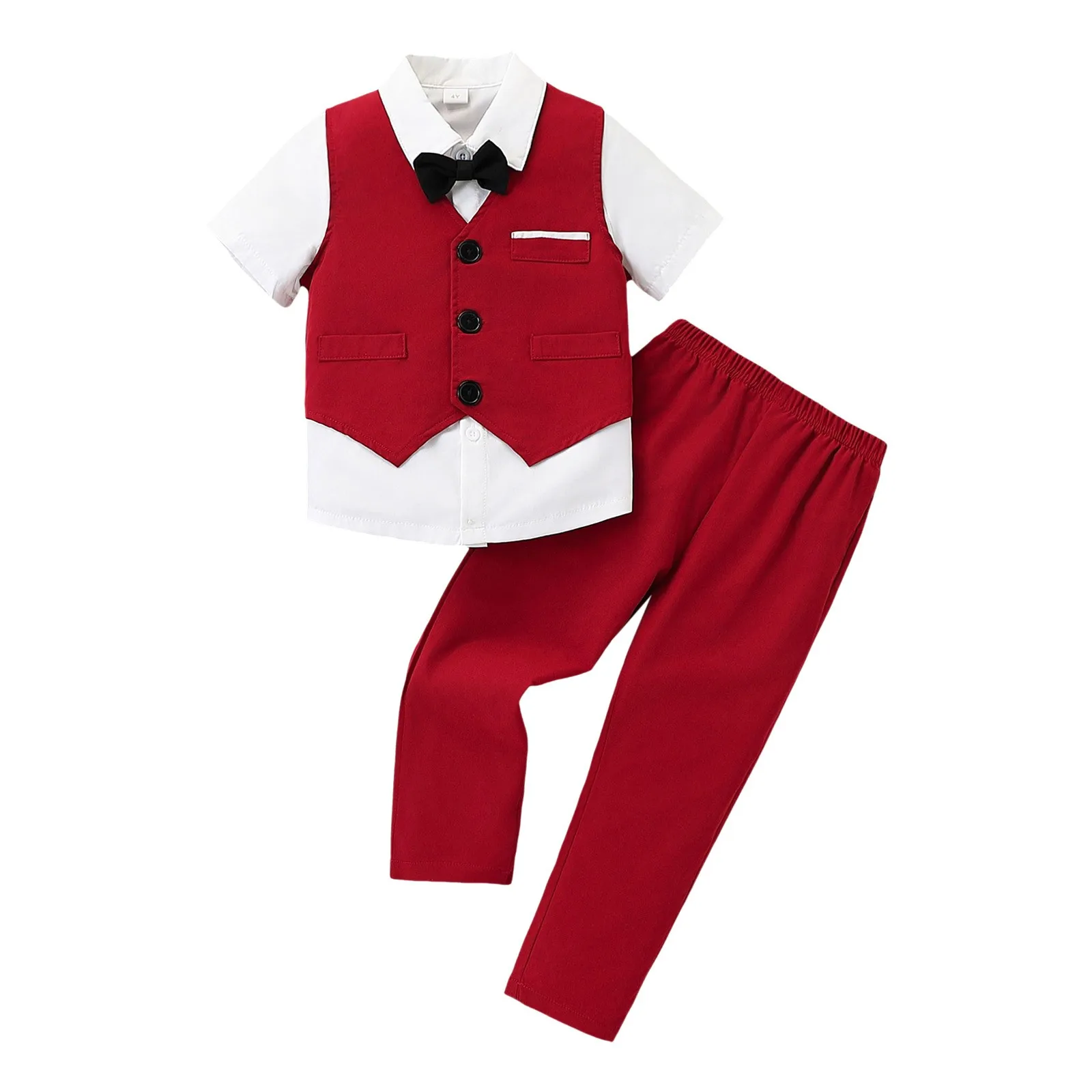 

Baby Boy 2 Piece Outfit Boys Gentleman Suit British Fashion Lapel Short Sleeved Shirt Vest Pants Sets Born Boy Formal Clothes