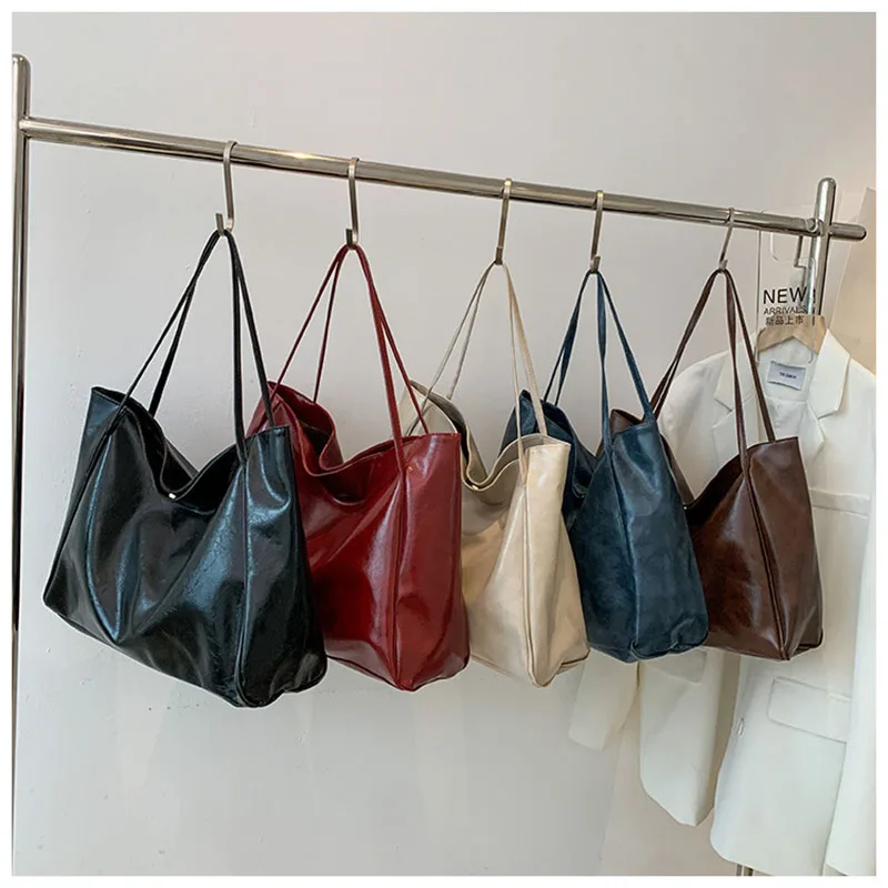 Retro Burgundy Large Capacity Tote Bag Solid Simple Women's Soft Leather Magnetic Buckle Underarm Bags School Commuting Handbag